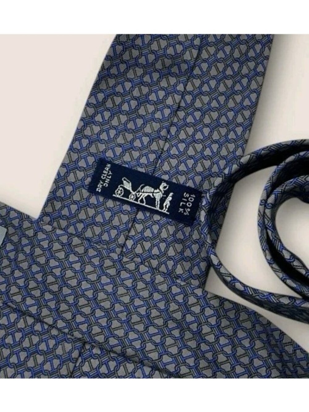 HERMÈS 7932 MA Silk Tie FRANCE Gray Blue Geometric Monogram H W:3.5" EUC - Picture 2 of 6